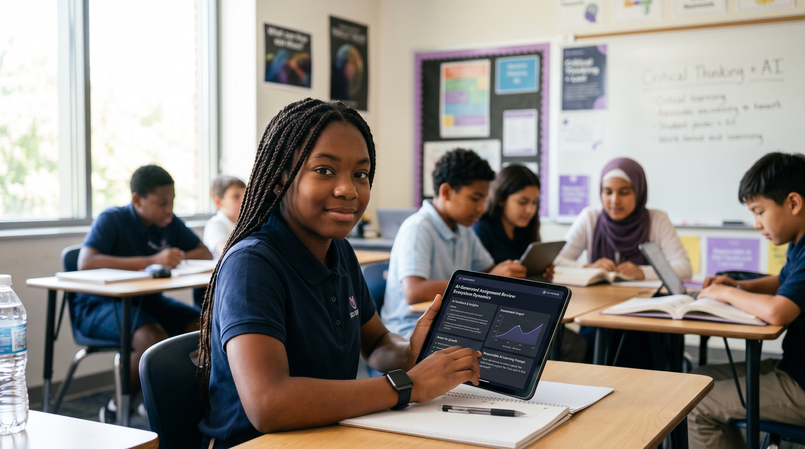 Student using a tablet in a classroom