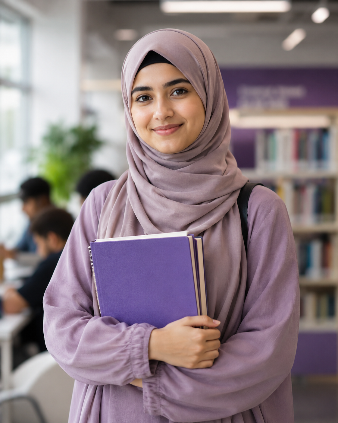 Student in a library holding a notebook